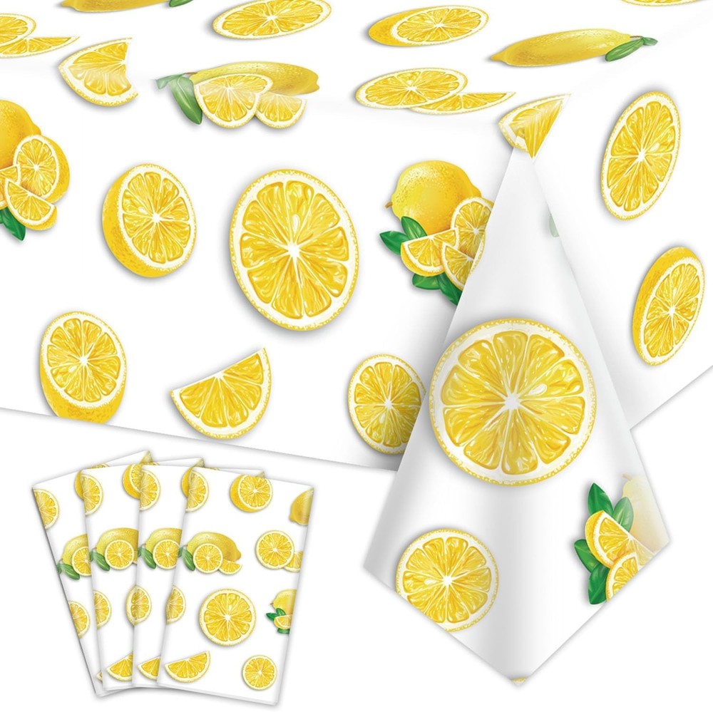 4Pcs Lemon Party Tablecloths, Yellow Tablecloth Plastic, Rectangular Lemonade