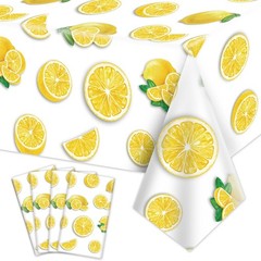 4Pcs Lemon Party Tablecloths, Yellow Tablecloth Plastic, Rectangular Lemonade