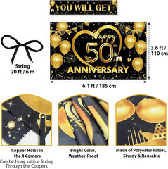 Happy 50Th Anniversary Backdrop, Black Gold Golden Anniversary Decorations, 50Th