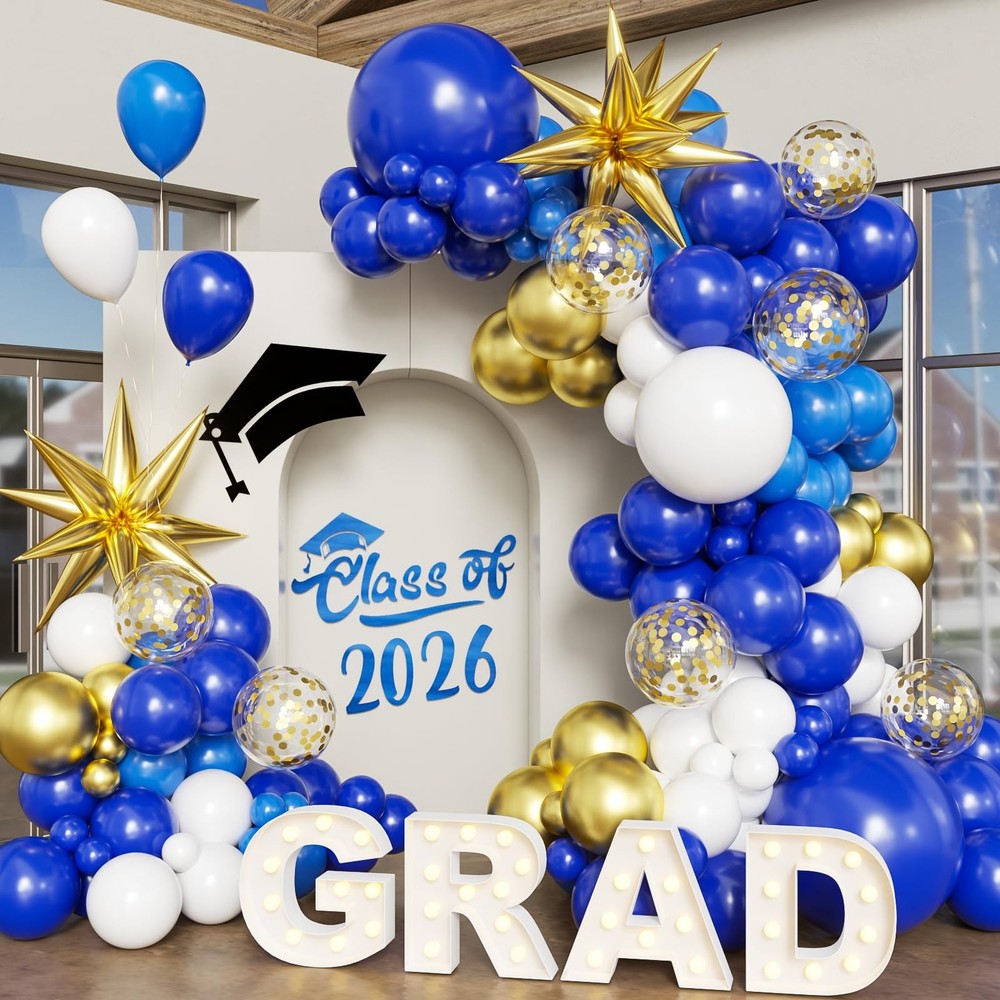Blue White Gold Balloon Arch Kit Graduation Decorations 2026, 130Pcs Blue and…
