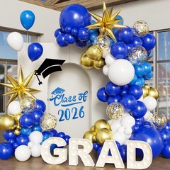 Blue White Gold Balloon Arch Kit Graduation Decorations 2026, 130Pcs Blue and…