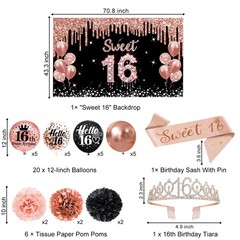 Sweet 16 Party Decorations – 16th Birthday Decorations Backdrop, Banner, Hone…