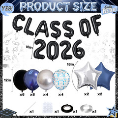2026 Graduation Balloons Set, Black and Blue Silver Graduation Party Decorations
