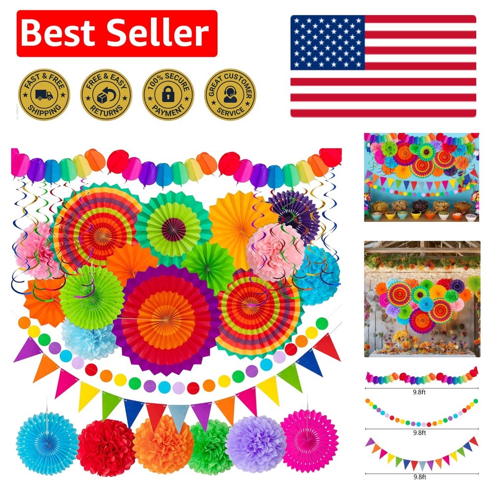 Complete 35PC Fiesta Paper Fan & Pom Pom Set – Decorations for Every Celebration