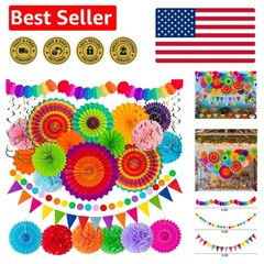 Complete 35PC Fiesta Paper Fan & Pom Pom Set – Decorations for Every Celebration