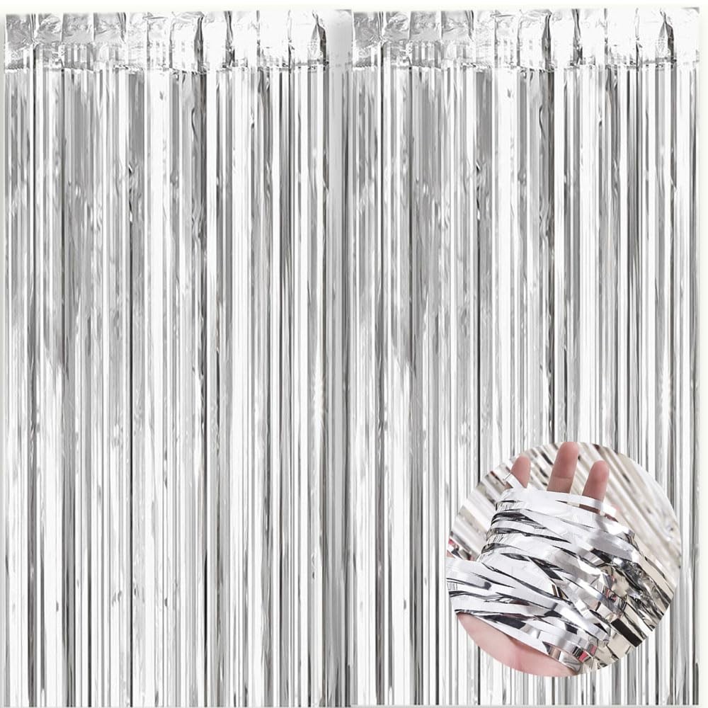 2 PCS 3.2×8.2 FT Silver Fringe Curtains Backdrop Streamers Photo Booth Props