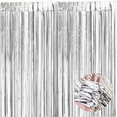 2 PCS 3.2×8.2 FT Silver Fringe Curtains Backdrop Streamers Photo Booth Props