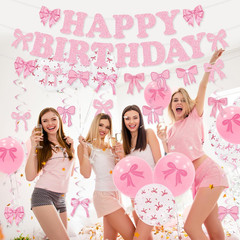 Bow Birthday Party Decorations, Pre-Strung Pink Bow Happy Birthday Banner, Cute