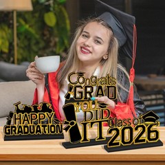 4 PCS Black Gold Graduation Decorations Class 2026 Wooden Table Centerpieces