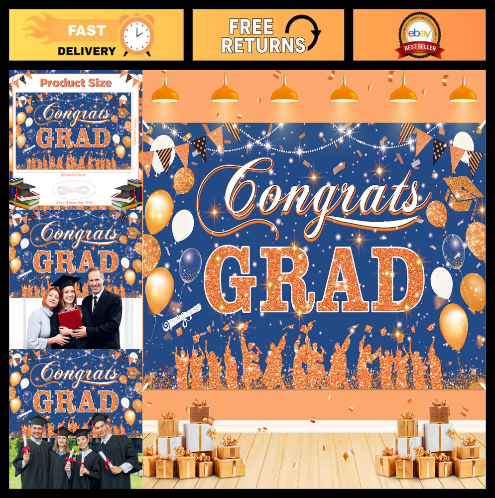 Blue Orange Graduation Banner 2026 – Congrats Grad Decoration for High School &