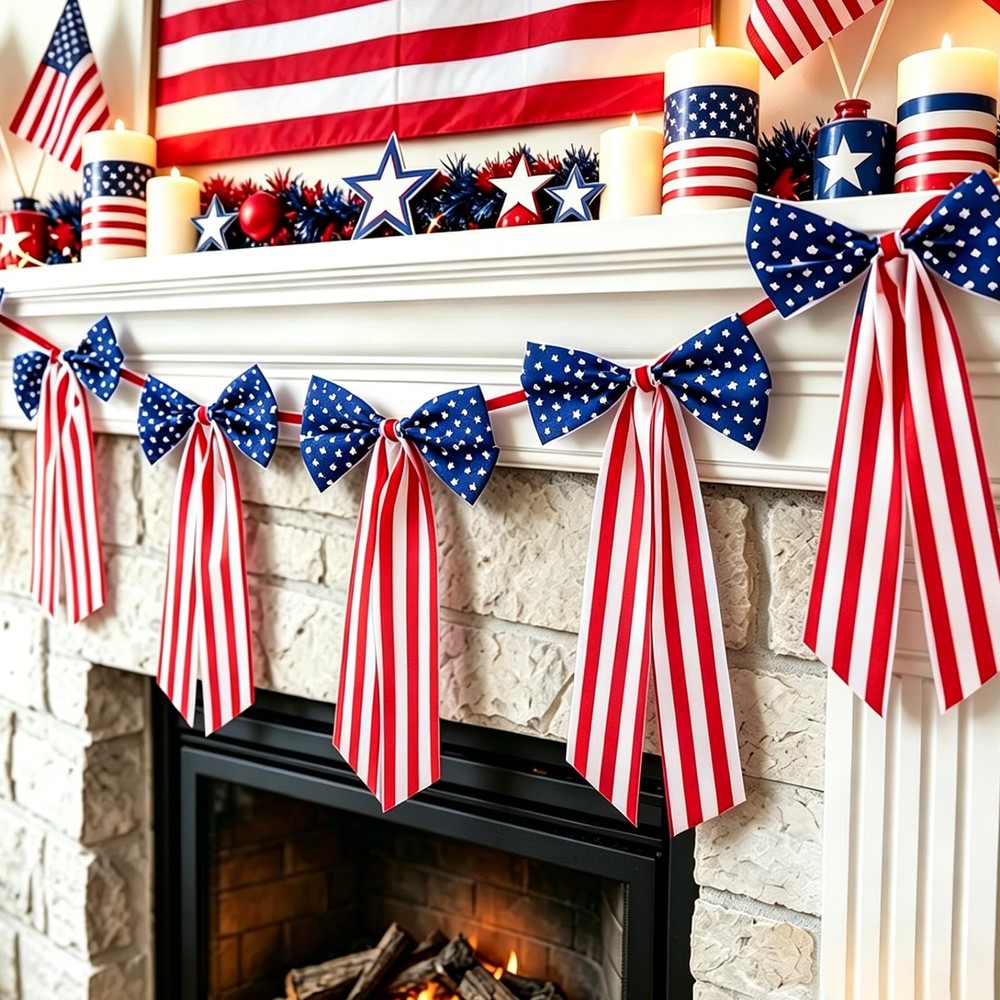 2 Pcs Patriotic Bow Garland Red White Blue Bow Satin Ribbon Patriotic Holiday…