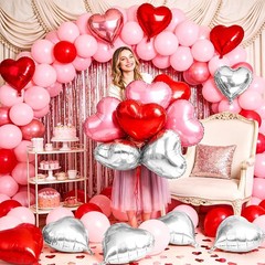 12PCS 18″ Pink,Silver & Red Heart Balloons Valentines Day Wedding Party Decor