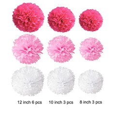 12 PCS Hot Pink White Tissue Paper Pom Poms Flowers Wedding Party Decoration