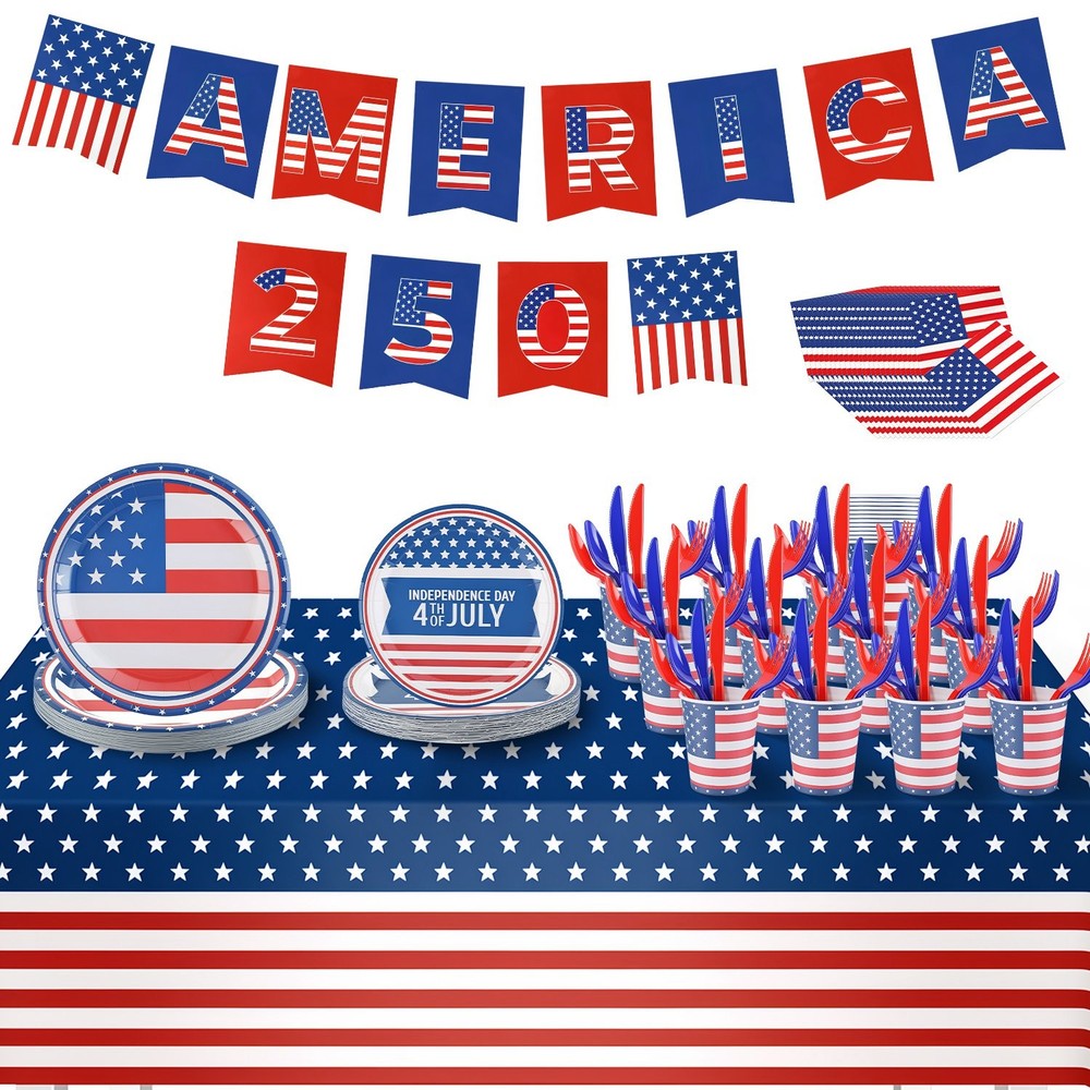 181Pcs 4th Of July Anniversary Party Set Red White Blue Decoration for 24 Guest
