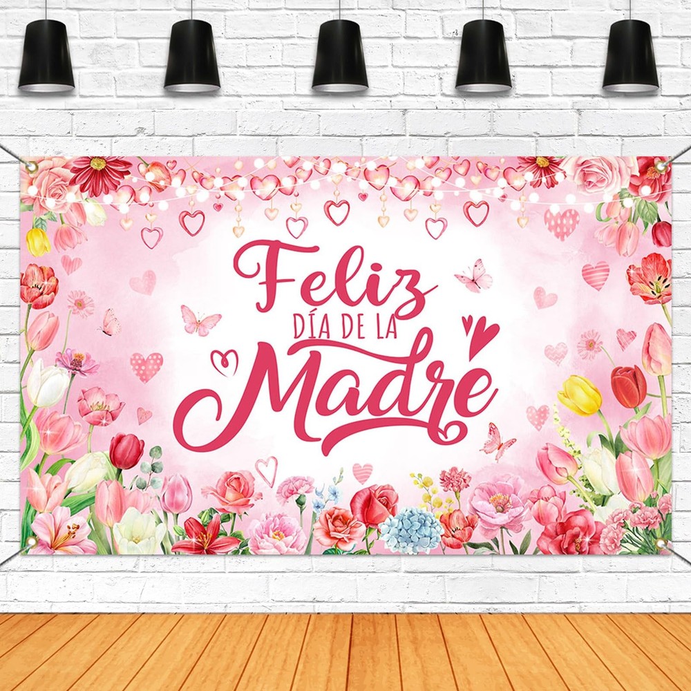 Feliz Día De La Madre Backdrop Pink Tulip Floral Mexican Happy Mother’s Day Deco
