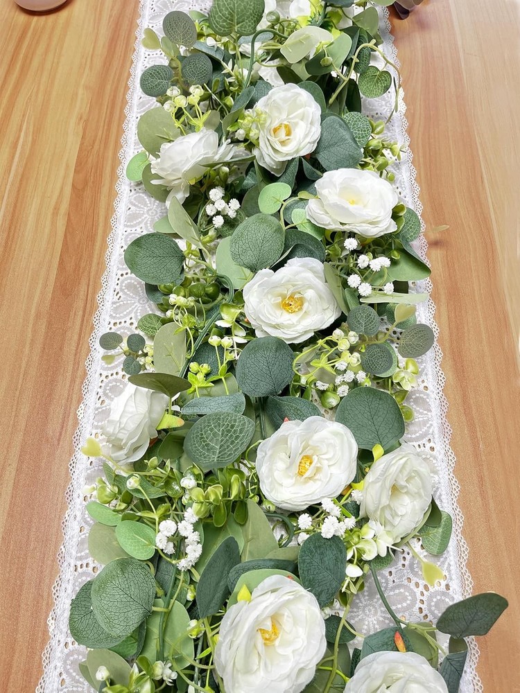 2 Pack 6Ft Artificial Eucalyptus Flower Garland with White Roses, Faux Floral
