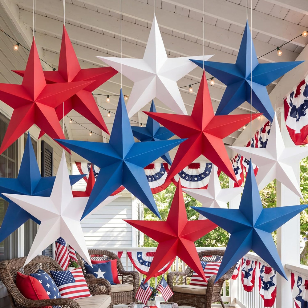 27 Pack 12» 3D Patriotic Paper Stars Hanging Decorations 4Th of July Red White