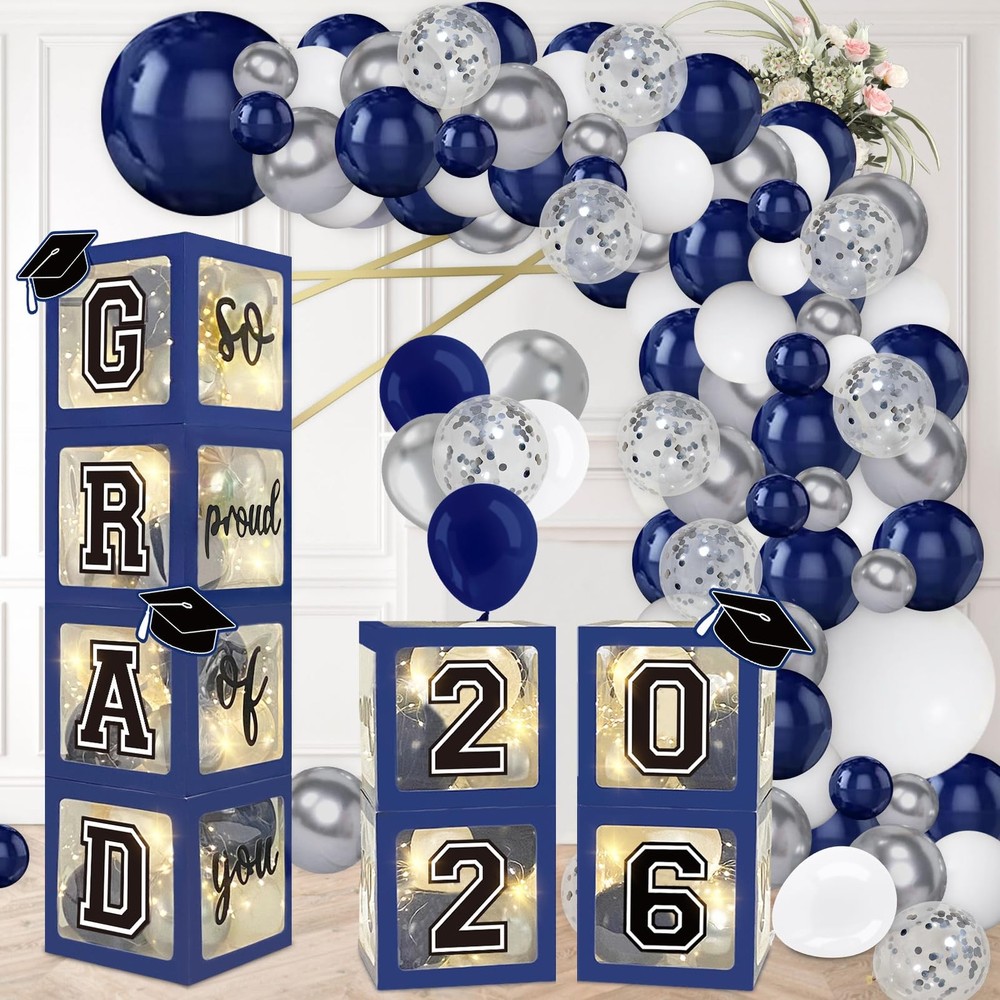 Navy Blue Graduation Decorations 2026 – Set of 4 Grad Balloon Boxes with 139p…