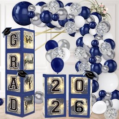 Navy Blue Graduation Decorations 2026 – Set of 4 Grad Balloon Boxes with 139p…