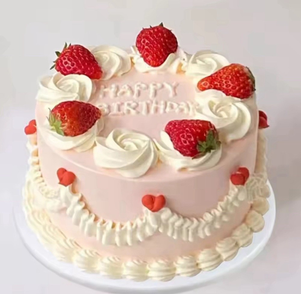 Strawberry Shortcake Birthday Pink Heart Vintage Buttercream Fake Cake Decor