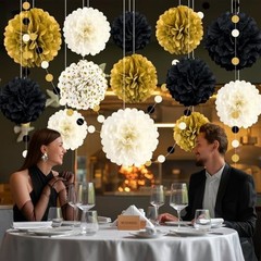 Black and Gold Party Decorations, 16 PCS Tissue Paper Pom Poms Dots Paper Gar…