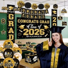 2026 Graduation Decorations – Black Gold Congrats Grad Party Supplies
