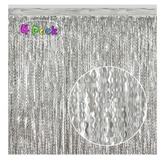 4 Pack 3.3×6.6ft Silver Foil Fringe Backdrop – Wavy Metallic Tinsel Foil Curt…