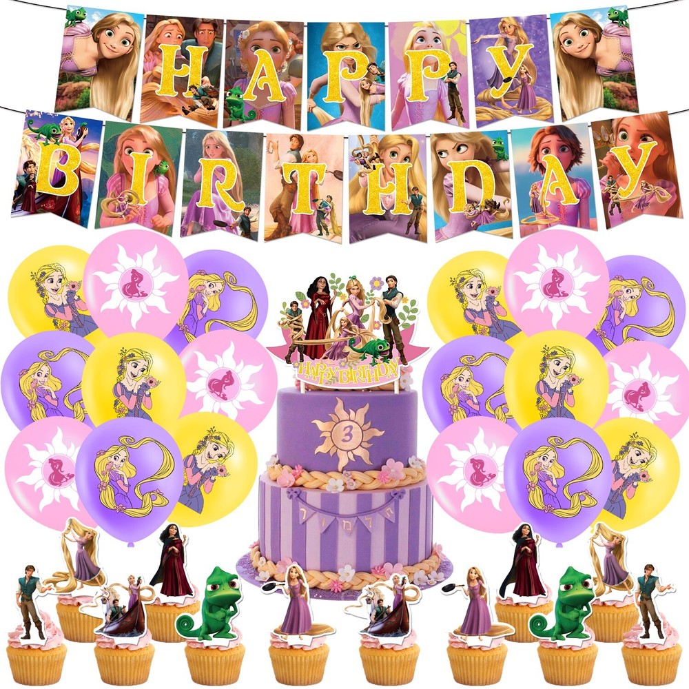 Rapunzel Tangled Theme Birthday Party Supplies Balloon Banner Cake Toppers