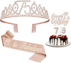 75th Birthday Decorations Set for Women Rose Gold Sash Crown Tiara