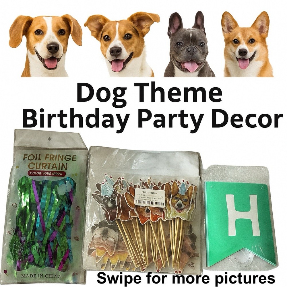 Dog Theme Birthday Party Decor Set Cupcake Toppers, Foil Fringe Curtain, Banner
