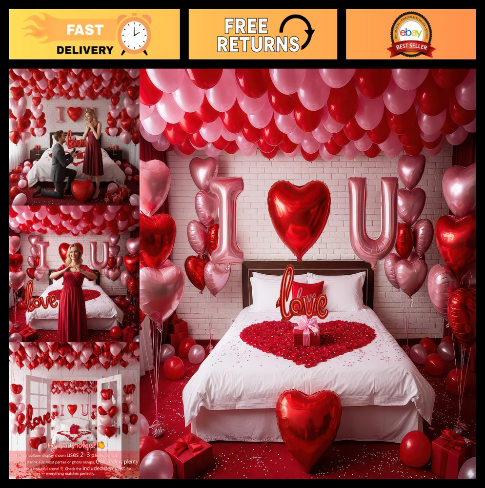 Romantic Red & Pink Heart Balloons Kit – Mylar LOVE Balloons & Rose Petals for V