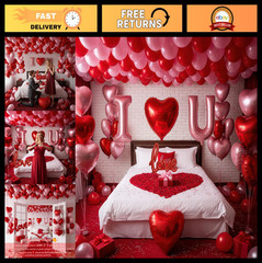 Romantic Red & Pink Heart Balloons Kit – Mylar LOVE Balloons & Rose Petals for V
