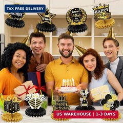 9 PCS Happy Birthday Party Table Decorations | Black and Gold Birthday Center Pi