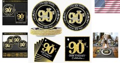Elegant 90th Birthday Decorations, Black Gold Disposable Plates & Napkins for 30