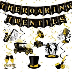 Hokinaa 20s Roaring Party Decorations – 10Pcs Pre-Strung Black and Gold
