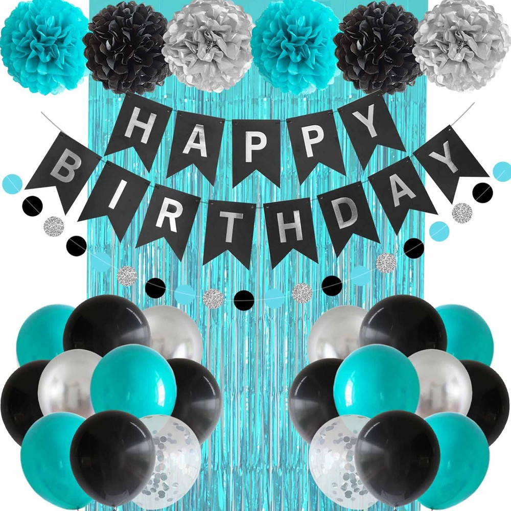 Black Teal Blue and Silver Happy Birthday Party Decorations Turquoise Aqua Ballo