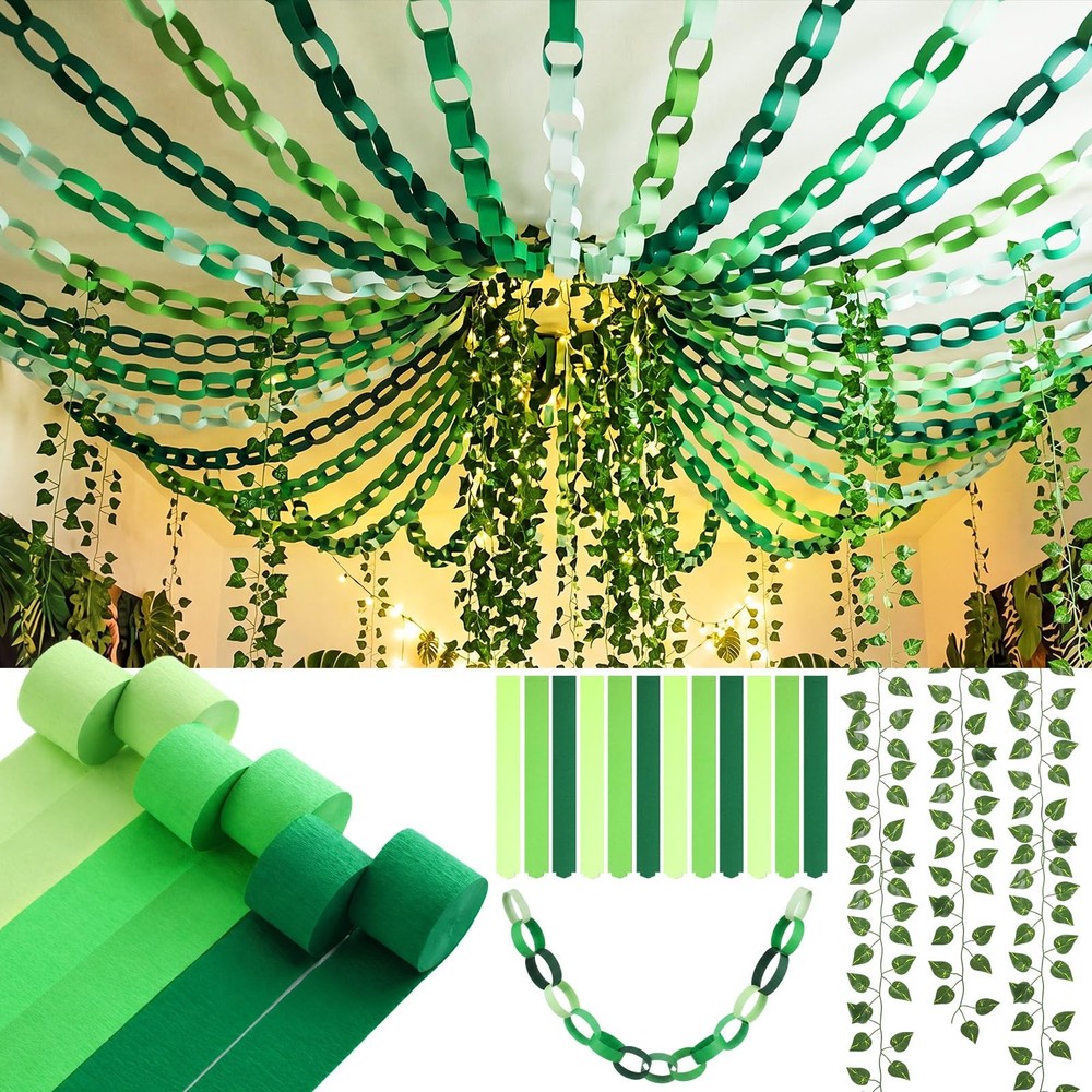 Green Jungle Party Decorations 492ft Green Crepe Streamers 300 Strips Chain G…