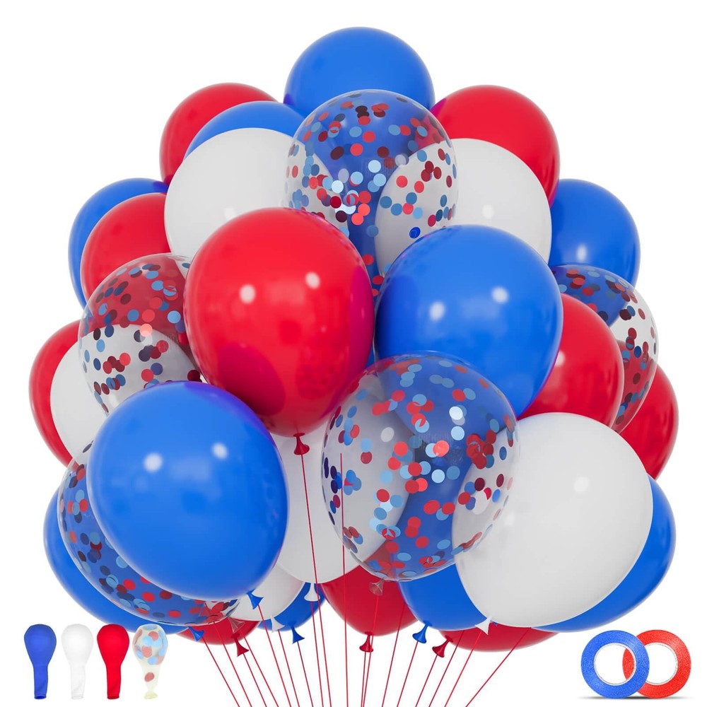 Red White Blue Latex Balloons 68 Pack, 12 Inch Patriotic Balloons with Confet…