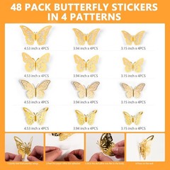 48 Pcs Gold 3D Butterfly Decorations, 4 Styles 3 Sizes, Butterfly Wall Decor, Pa