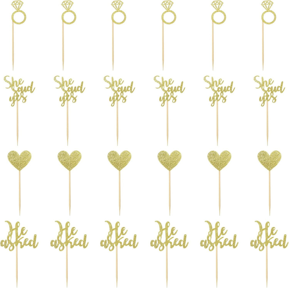 24 Pcs He Asked She Said Yes Cake Topper Gold Cupcake Toppers Heart Diamond Ring