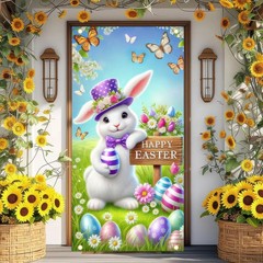 Happy Easter Decorations Colorful Eggs Flowers Bunny Door Cover Banner 71″x35″