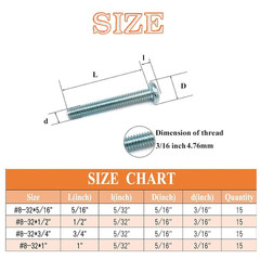 60 Pcs #8-32 Machine Screws Assortment Kit – Carbon Steel Zinc-Plated