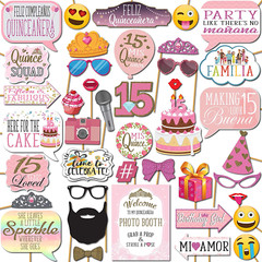 Quinceanera Photo Booth Props – 41-Pc Photobooth Kit with 8 X 10-Inch Sign