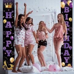 Purple Birthday Decorations for Women Happy Birthday Banners for Front Door P…