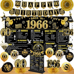 60Th Birthday Decorations Kit for Men Women, Black Gold 24PCS Back in 1966 Banne