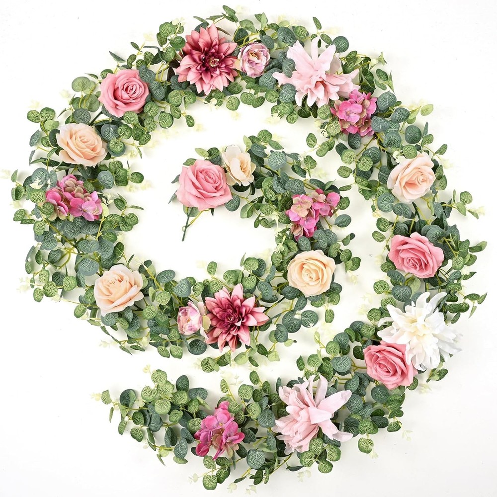 8.85Ft Flower Garland, Eucalyptus Greenery Garland with Flowers, Pink Rose