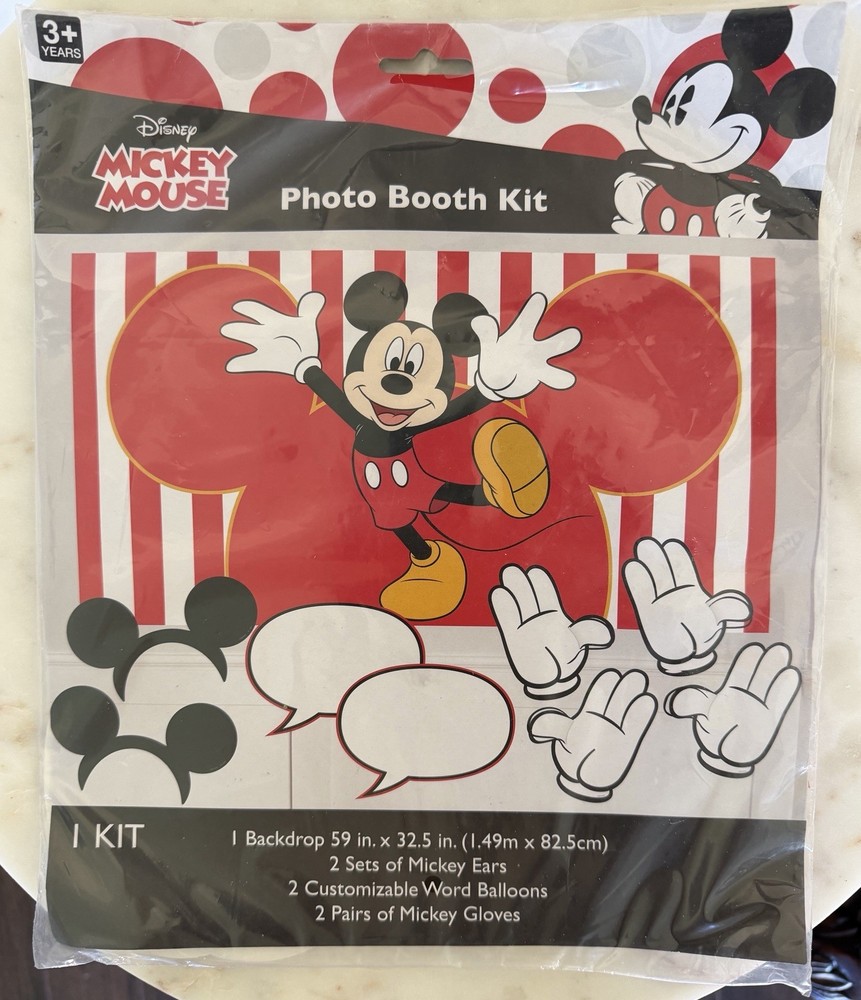 Disney Mickey Mouse Photo Booth Kit Backdrop Gloves Ears Party 7 Pieces New