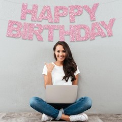 Happy Birthday Banner – Pink Pre-Strung No DIY Birthday Decorations – Happy B…