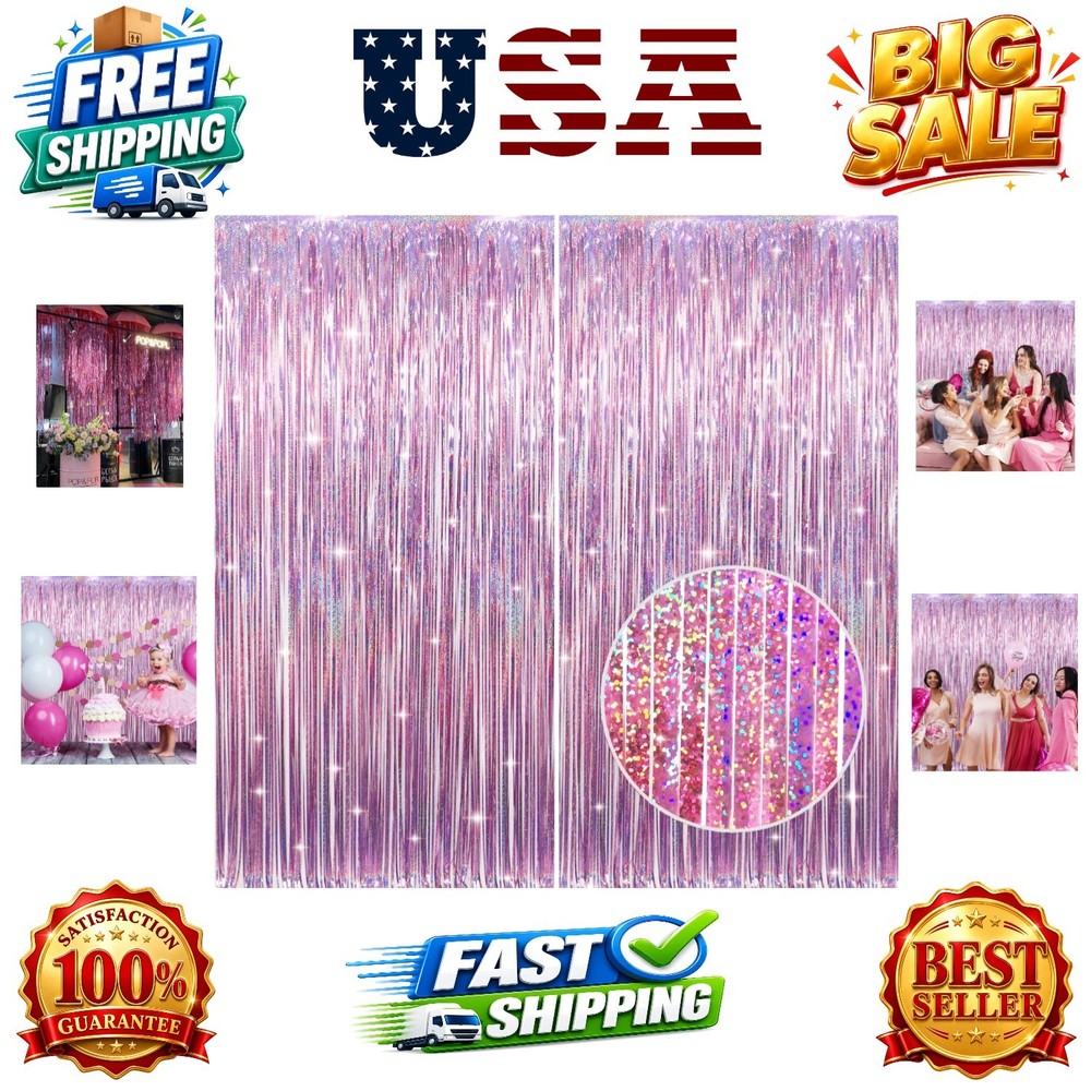 2 Pack 3.2 ft x 8.2 ft Metallic Tinsel Foil Fringe Curtains Party Photo Backd…