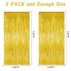 2 Pack Tinsel Backdrop, 3.28 FT x 7.05 FT Metallic Fringe Curtain 2 PCS Gold